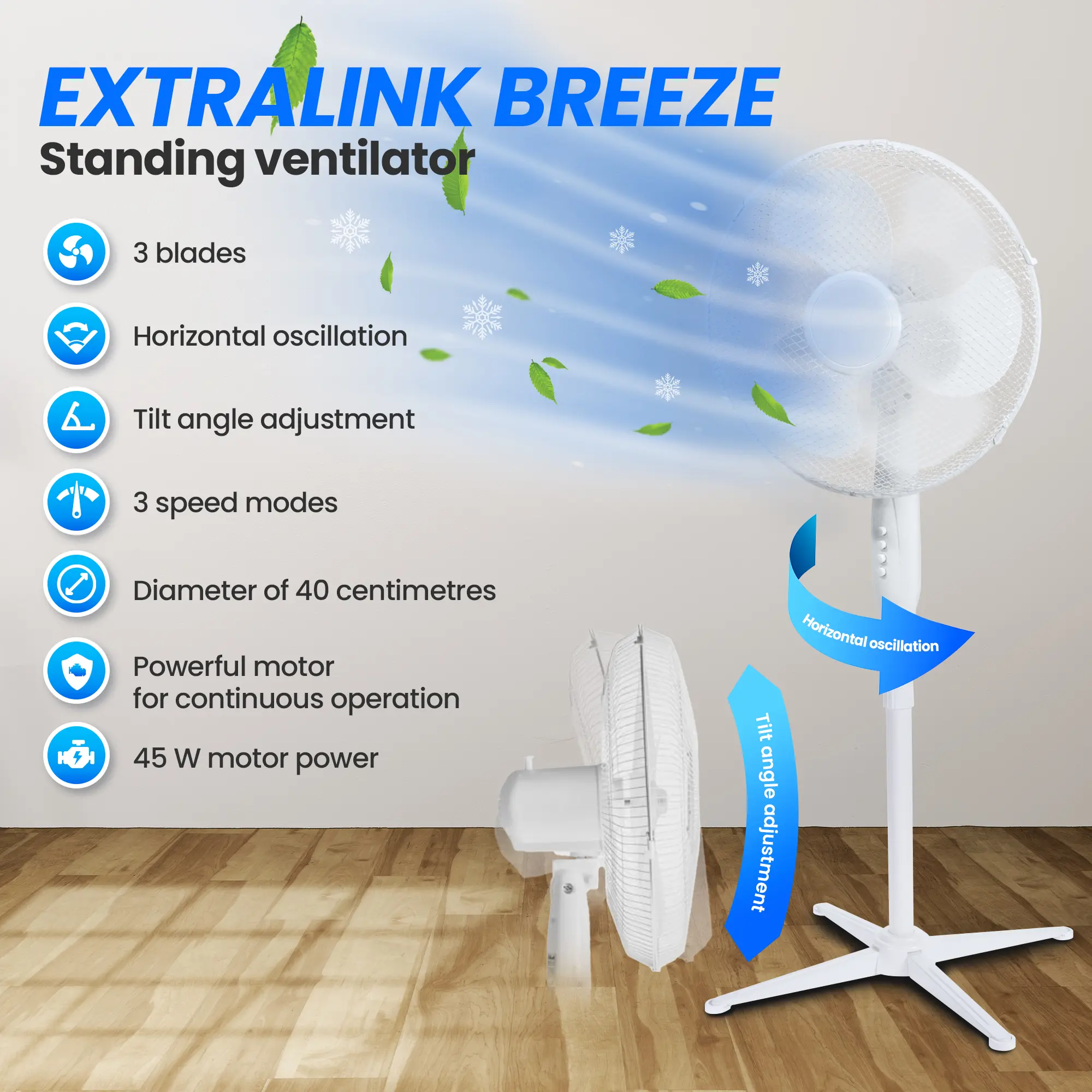 Extralink Bryza ESF-40D-WH White | Standing fan | 3 blades, 3 speed settings, EXTRALINK EX.31407 5905090331407