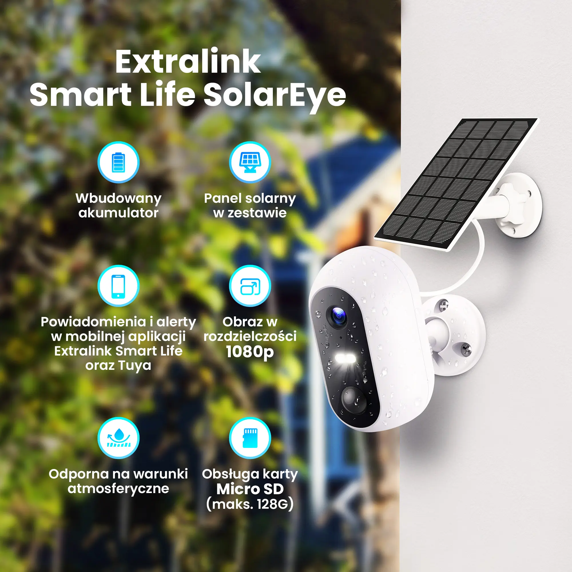 Extralink Smart Life SolarEye | Outdoor camera with solar panel | wireless, Full HD 1080p, Wi-Fi, 5200mAh battery, IP54, EXTRALINK EX.32985 5905090332985
