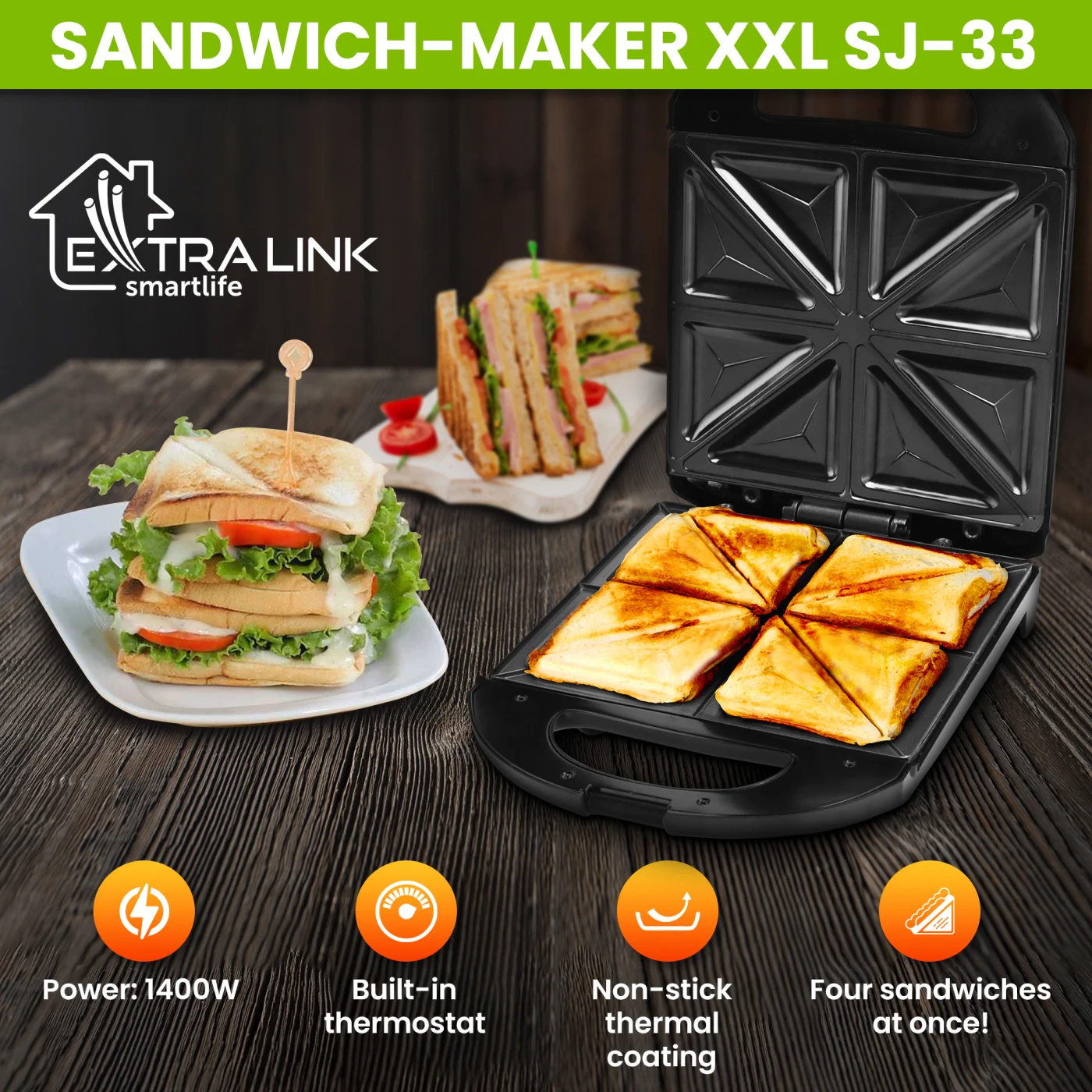 EXTRALINK SMART LIFE SANDWICH-MAKER XXL SJ-33, EXTRALINK EX.36662 5906168632020