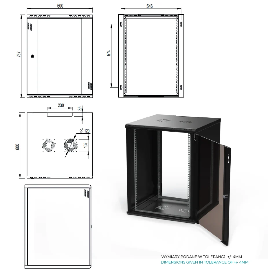 Extralink Premium 15U 600x600 Black | Rack cabinet | tool-free mounting, wall-mounted, EXTRALINK EX.39397 5905090339397