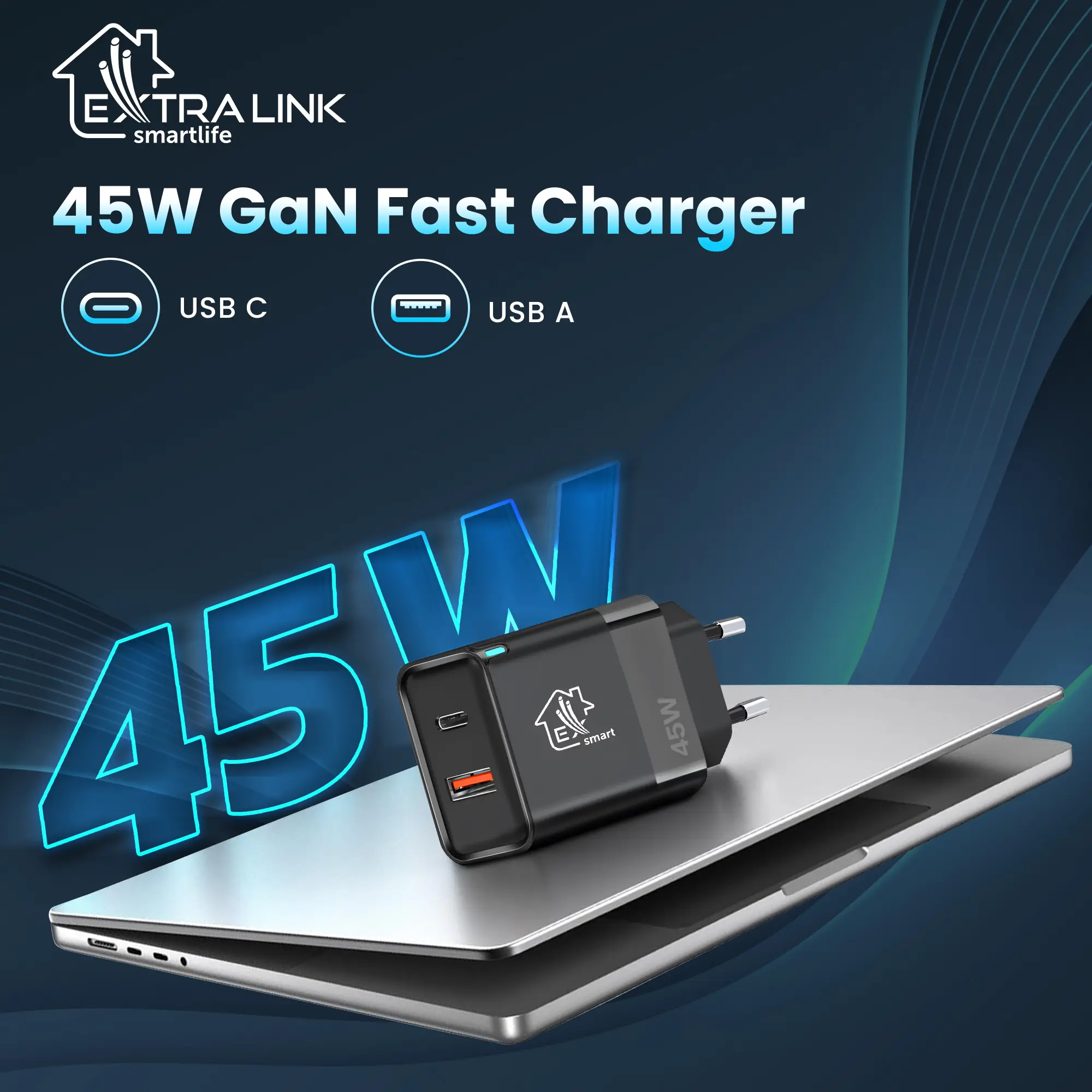 Extralink Smart Life Fast Charger 45W GaN | Charger | USB-C, USB-A, EXTRALINK CHARESL05 5906168632860