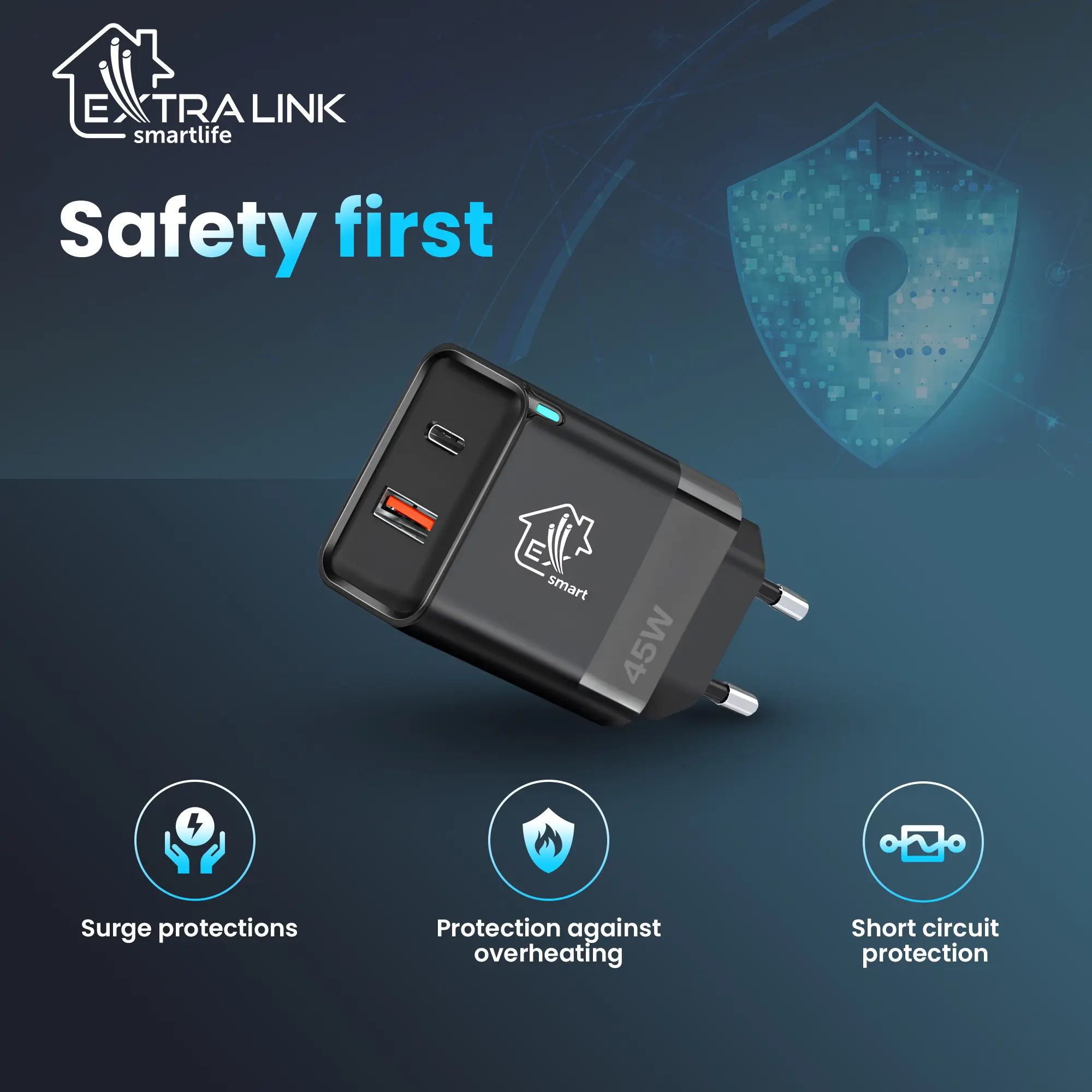 Extralink Smart Life Fast Charger 45W GaN | Charger | USB-C, USB-A, EXTRALINK CHARESL05 5906168632860