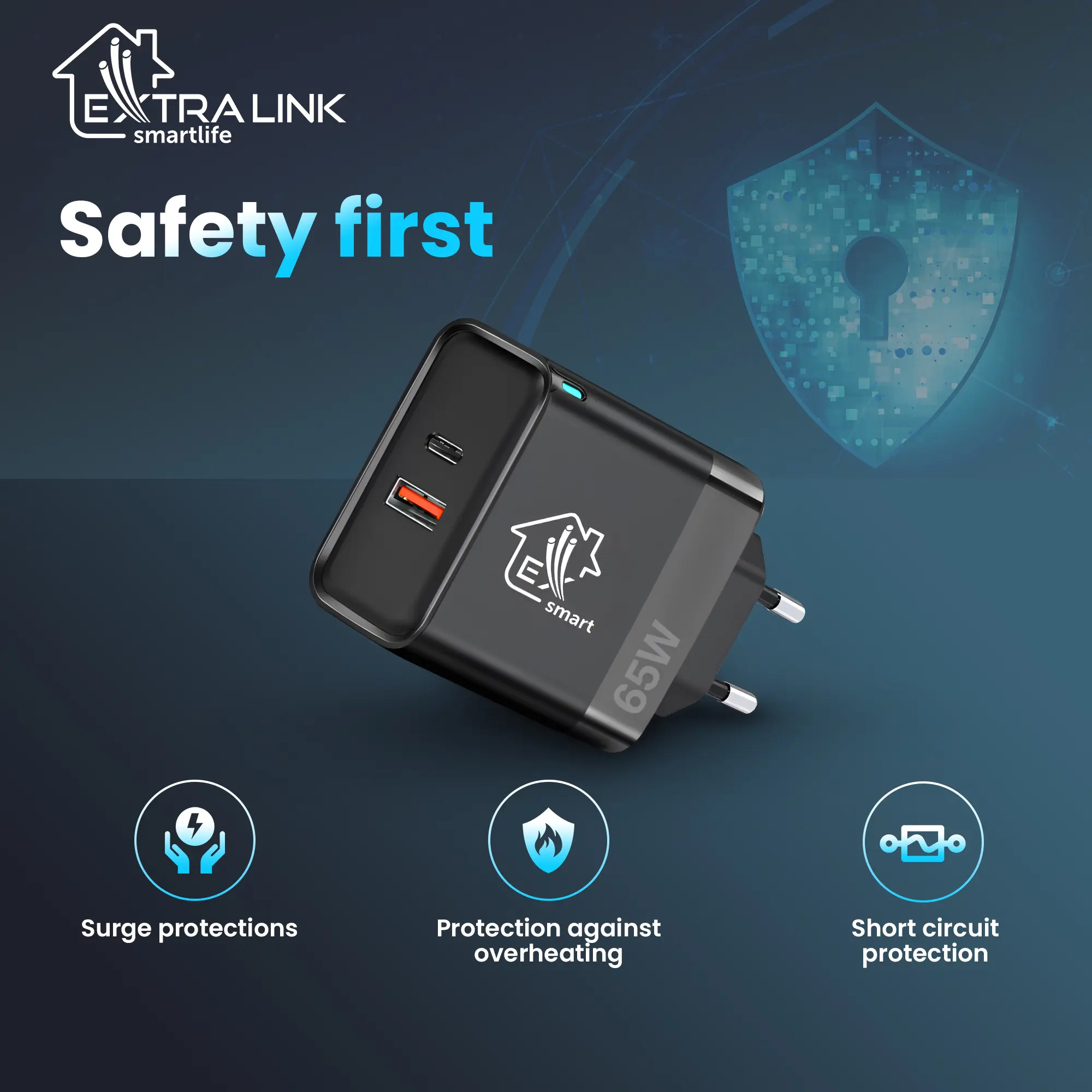 Extralink Smart Life Fast Charger 65W GaN | Charger | USB-C, USB-A, EXTRALINK CHARESL06 5906168632877