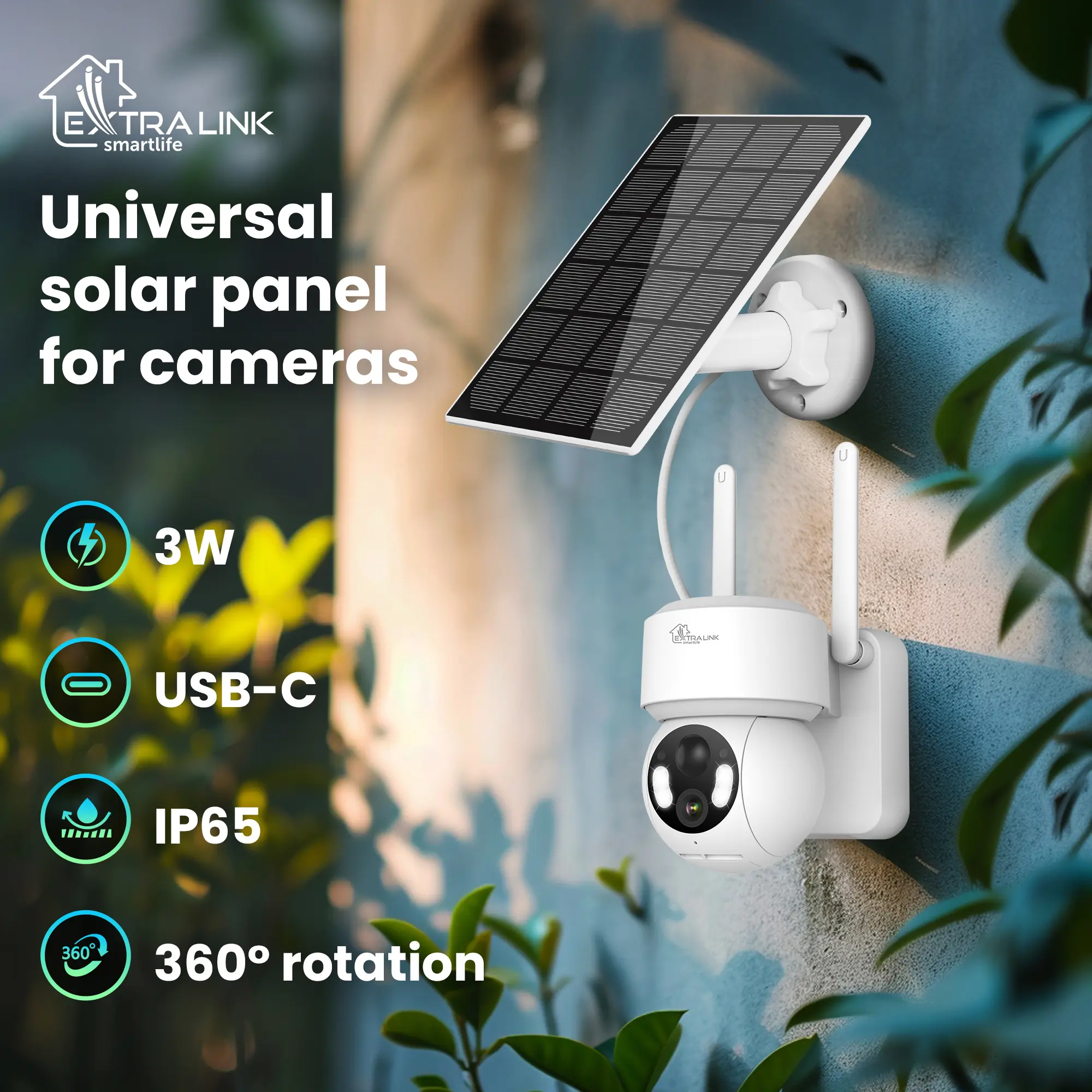 Extralink Smart Life Solar Panel | Universal solar panel for cameras | 3W, USB-C, IP65, EXTRALINK EX.34956 5906168634956