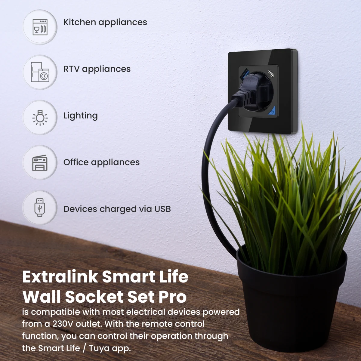 Extralink Smart Life Wall Socket Set Pro | Smart socket + frame set | Color Black, 230V, 1x USB A, 1x USB C, WiFi, Tuya, EXTRALINK EX.35748 5906168635748