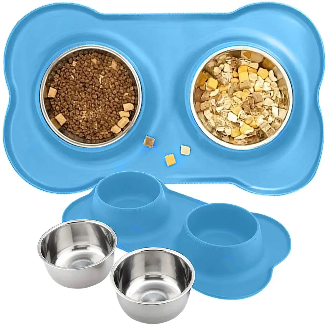 Double Dog Cat Bowl Extralink Pets, Metal Non-Slip 2 Bowls + Mat pet-838, EXTRALINK EX.37964 5906168637964
