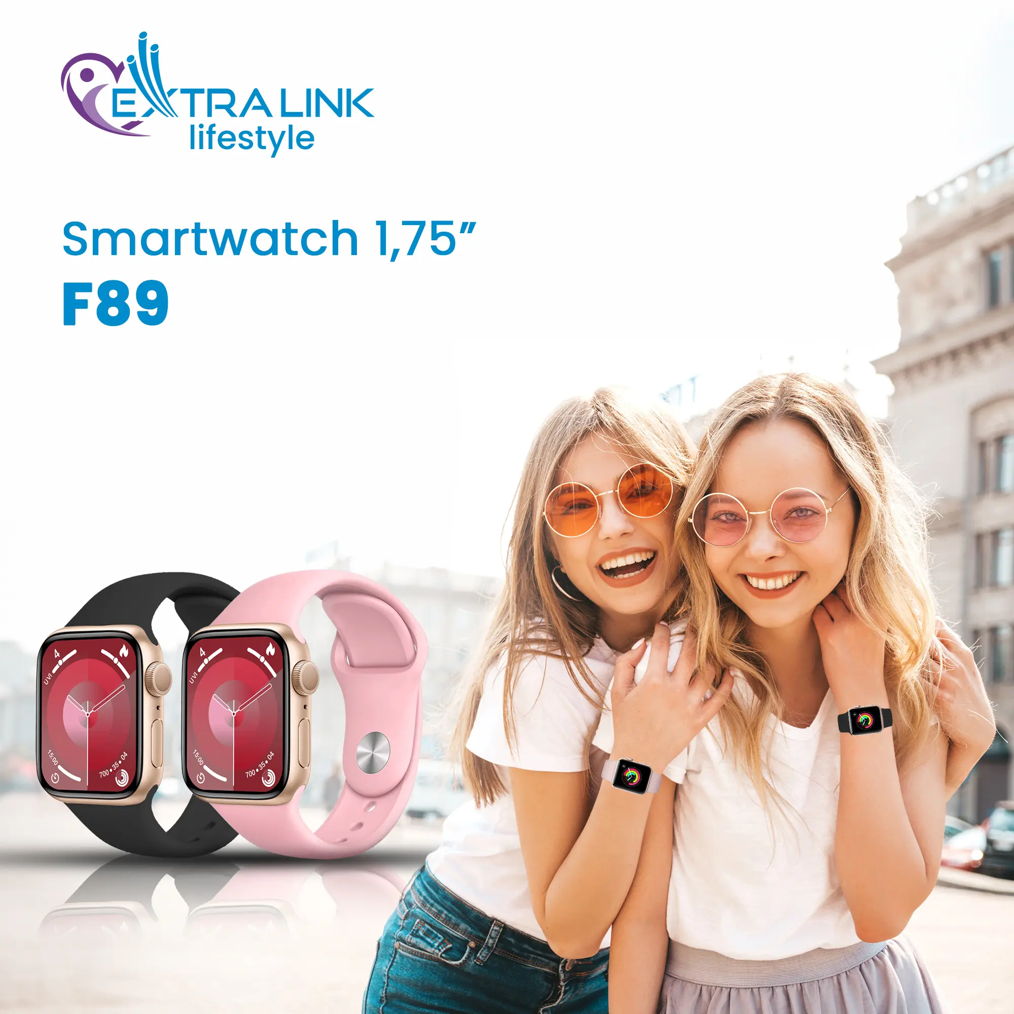EXTRALINK LIFESTYLE SMARTWATCH F89 ZŁOTY + RÓŻOWA/CZARNA OPASKA, EXTRALINK F89 ZLOTY 5906168638718