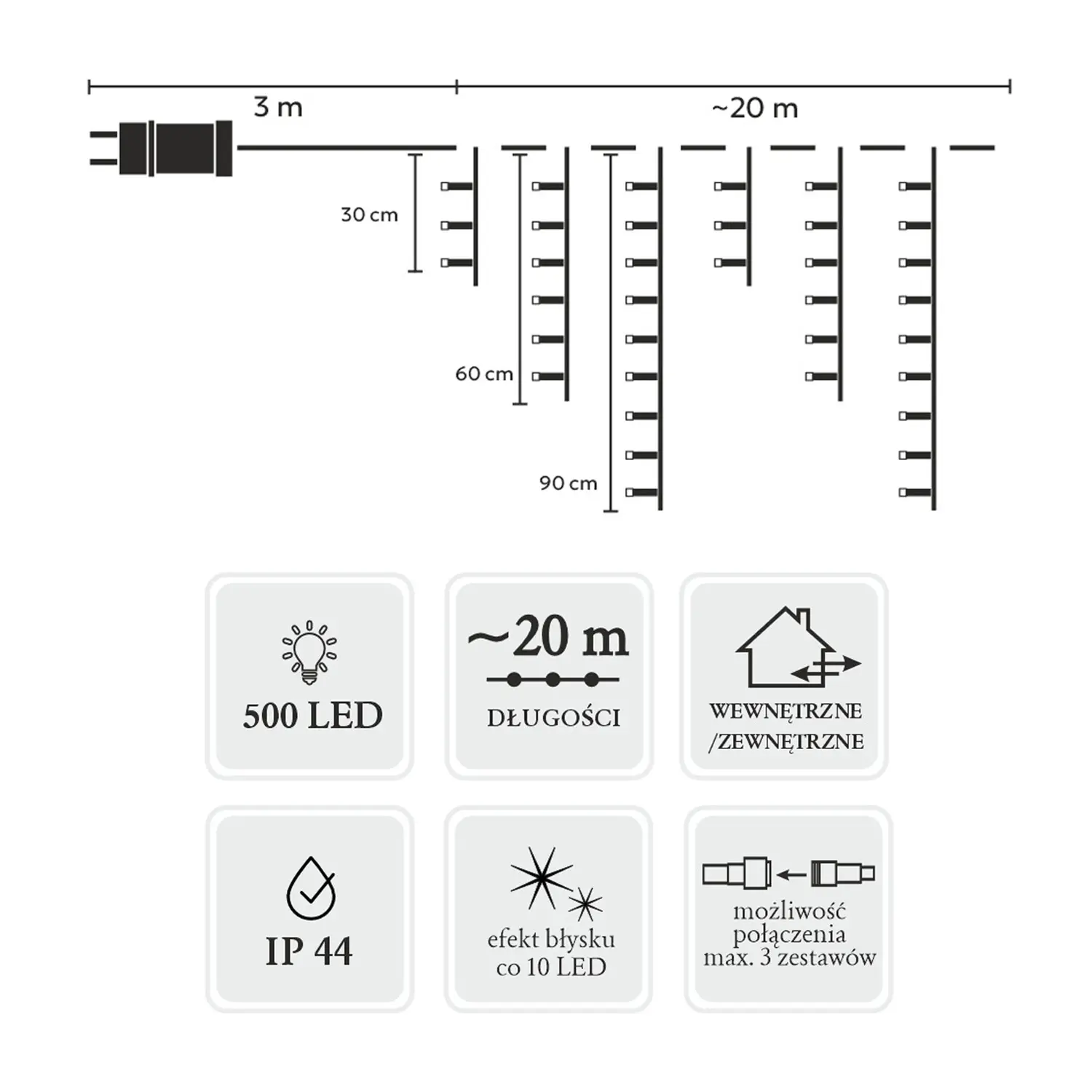 EXTRALINK KURTYNA SOPLE 500L ZIMNY BIAŁY + ZIMNY FLASH, DŁ. 3 + 20 M *9898, EXTRALINK EX.73196 5900779879898