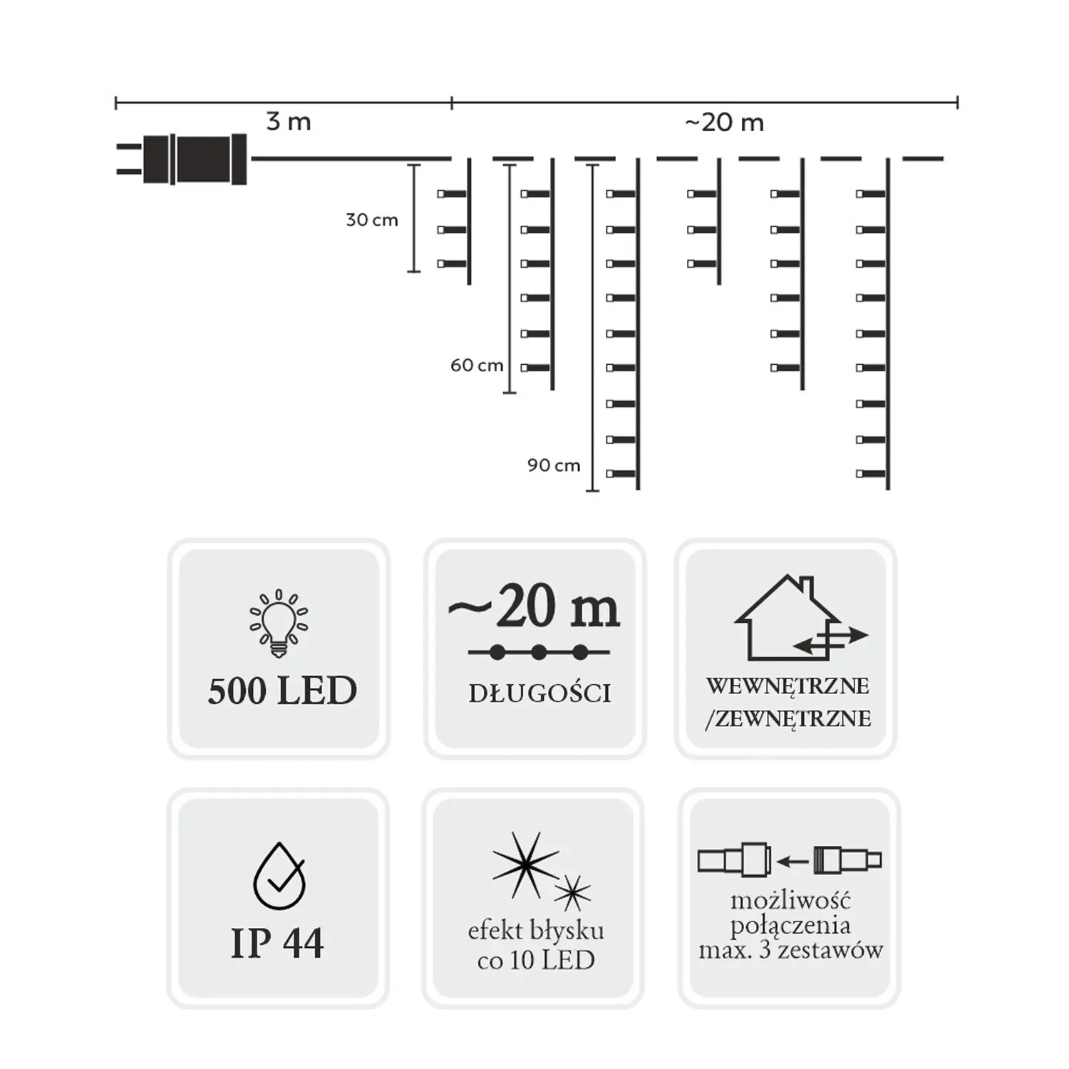 Extralink Icicle Curtain, 500L Warm White + Cool Flash, Length 3 + 20 m, EXTRALINK EX.73202 5900779879881