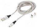 Cable; magnetic,USB 2.0; 2m; grey; 480Mbps; textile; 3A SAVIO SAVKABELCL-156