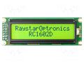 Display: LCD; alphanumeric; FSTN Positive; 16x2; green; LED; PIN: 14 RAYSTAR OPTRONICS RC1602D-FHY-ESX