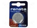 Battery: lithium; CR2430,coin; 3V; 285mAh; non-rechargeable; 1pcs. RENATA BAT-CR2430/RE-B