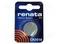 Battery: lithium; CR2016,coin; 3V; 90mAh; non-rechargeable; 1pcs. RENATA BAT-CR2016/RE-B