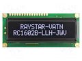 Display: LCD; alphanumeric; VA Negative; 16x2; 80x36x13.2mm; LED RAYSTAR OPTRONICS RC1602B-LLH-JWV