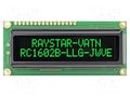Display: LCD; alphanumeric; VA Negative; 16x2; 80x36x13.2mm; LED RAYSTAR OPTRONICS RC1602B-LLG-JWVE