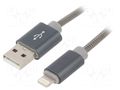 Cable; USB 2.0; Apple Lightning plug,USB A plug; 2m; grey; metal GEMBIRD CC-USB2S-AMLM-2BG