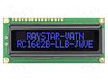 Display: LCD; alphanumeric; VA Negative; 16x2; 80x36x13.2mm; LED RAYSTAR OPTRONICS RC1602B-LLB-JWVE