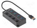 Hub USB; USB A socket x4,USB A plug; USB 3.0; with switch; black AKYGA AK-AD-33