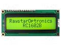 Display: LCD; alphanumeric; FSTN Positive; 16x2; yellow; LED; 1x16 RAYSTAR OPTRONICS RC1602B-FHY-CSVD