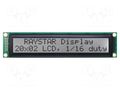 Display: LCD; alphanumeric; FSTN Positive; 20x2; black; LED; PIN: 16 RAYSTAR OPTRONICS RC2002C-FHW-ESX