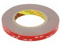 Tape: fixing; W: 15mm; L: 5.5m; Thk: 1.6mm; acrylic; grey; 39N/cm 3M 3M-160GF-15-5.5