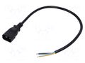 Cable; 3x0.75mm2; IEC C14 male,wires; PVC; 0.5m; black; 10A; 250V LIAN DUNG SN13-3/07/0.5BK