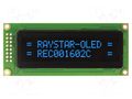 Display: OLED; alphanumeric; 16x2; Dim: 85x36x10mm; blue; PIN: 16 RAYSTAR OPTRONICS REC001602CBPP5N01