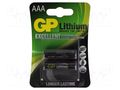 Battery: lithium; AAA; 1.5V; non-rechargeable; 2pcs. GP BAT-FR3-GP/BL2