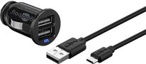 Micro USB Car Charger Set (12 W), black, 1 m - vehicle charging adapter with 2x USB ports, Micro USB cable, 1 m, black 71692