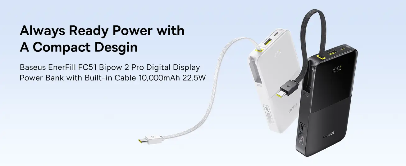 LiPo išorinis akumuliatorius (PowerBank) 10000mAh 22.5W USB + USB-C su integruotu USB-C kabeliu EnerFill Bipow2 juodas BASEUS E0027600 6932172691875