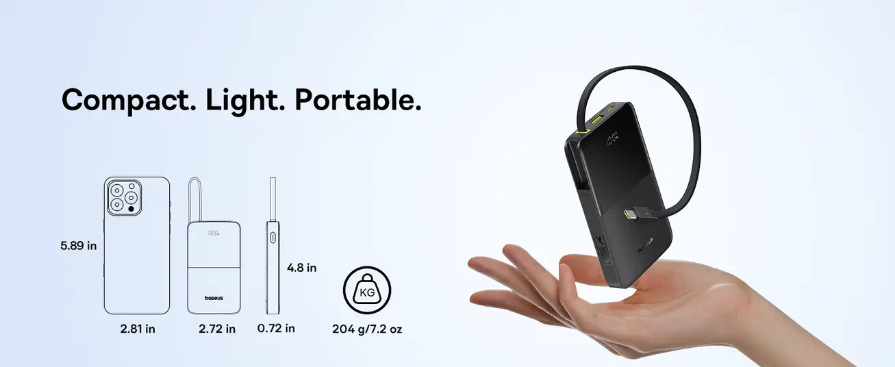 LiPo išorinis akumuliatorius (PowerBank) 10000mAh 22.5W USB + USB-C su integruotu USB-C kabeliu EnerFill Bipow2 juodas BASEUS E0027600 6932172691875