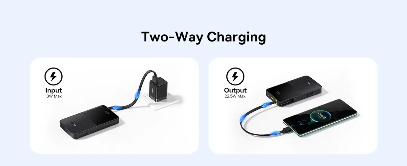 LiPo išorinis akumuliatorius (PowerBank) 10000mAh 22.5W USB + USB-C su integruotu USB-C kabeliu EnerFill Bipow2 juodas BASEUS E0027600 6932172691875