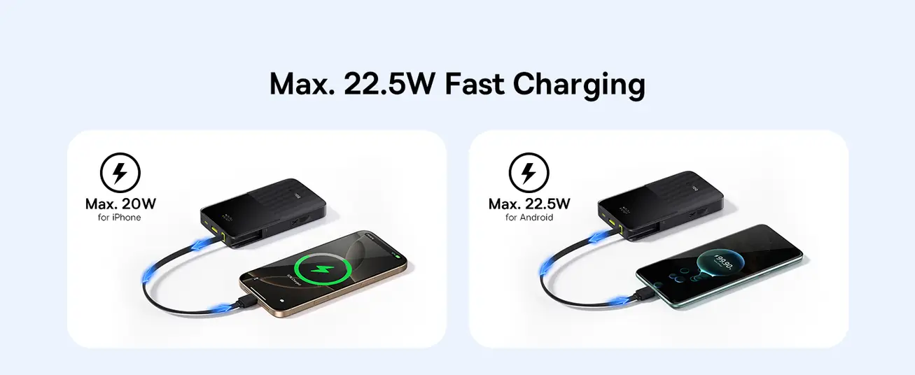 LiPo išorinis akumuliatorius (PowerBank) 10000mAh 22.5W USB + USB-C su integruotu USB-C kabeliu EnerFill Bipow2 juodas BASEUS E0027600 6932172691875