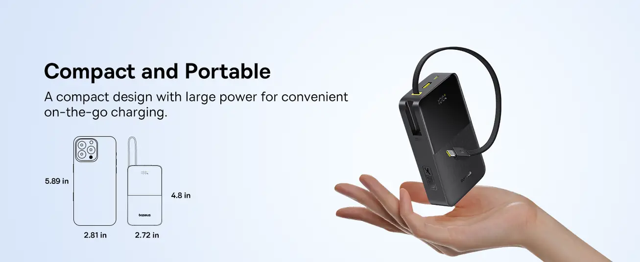 LiPo išorinis akumuliatorius (Powerbank) 20000mAh 22.5W su įmontuotu USB-C kabeliu, UAB-A, USB-C Bipow2 Pro EnerFill Juodas BASEUS E0027701 6932172691899