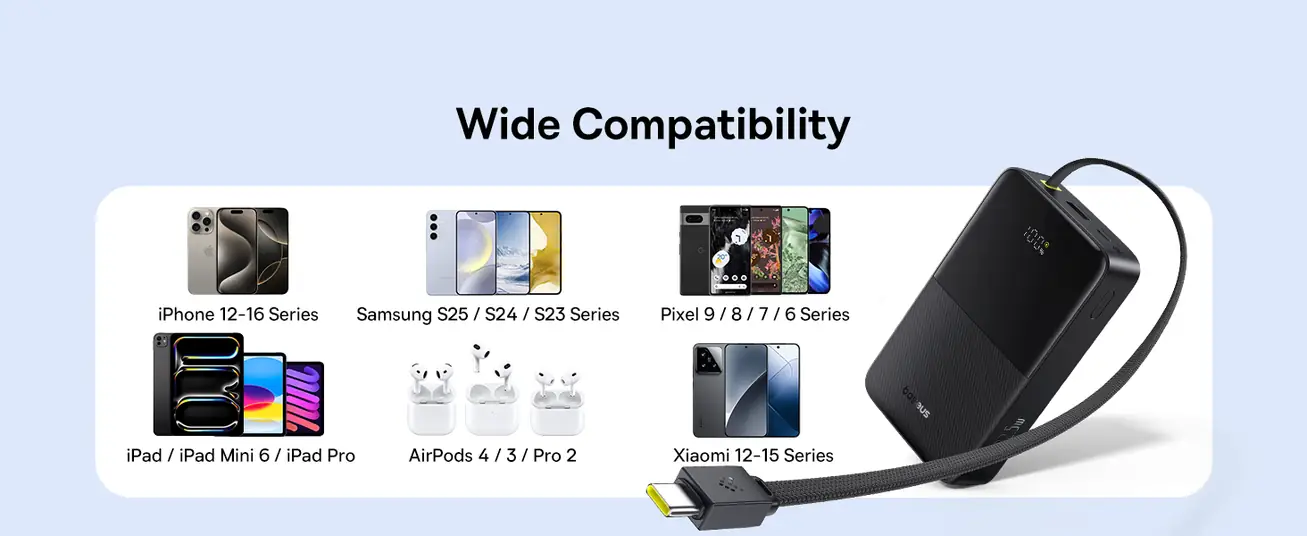 LiPo išorinis akumuliatorius (Powerbank) 20000mAh 22.5W su įmontuotu USB-C kabeliu, UAB-A, USB-C Bipow2 Pro EnerFill Juodas BASEUS E0027701 6932172691899