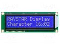 Display: LCD; alphanumeric; STN Negative; 16x2; blue; LED; PIN: 16 RAYSTAR OPTRONICS RC1602E-BIW-ESX