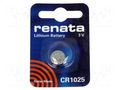 Battery: lithium; CR1025,coin; 3V; 30mAh; non-rechargeable; 1pcs. RENATA BAT-CR1025/RE-B