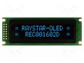 Display: OLED; alphanumeric; 16x2; Dim: 85x30x10mm; blue; PIN: 14 RAYSTAR OPTRONICS REC001602DBPP5N01