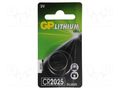 Battery: lithium; CR2025,coin; 3V; 160mAh; non-rechargeable; 1pcs. GP BAT-CR2025/GP-BL1