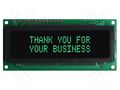 Display: VFD; alphanumeric; 16x2; Char: 5.34mm; 500cd/m2; green NEWHAVEN DISPLAY INTERNATIONAL M0216SD-162SDAR2-1