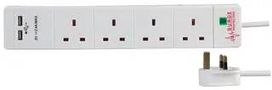 EXTENSION 4 GANG SURGE, 2 USB, WHITE 1M PEL00096