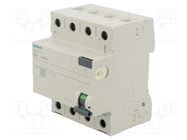 RCD breaker; Inom: 63A; Ires: 30mA; Poles: 3+N; 230/400VAC; IP20 SIEMENS