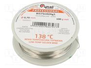 Tin; lead free; Bi57Sn42Ag1; 0.7mm; 100g; reel; Flux: flux free CYNEL