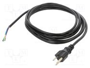 Cable; 3x18AWG; NEMA 5-15 (B) plug,wires; PVC; 3m; black; 10A; 125V Qualtek Electronics