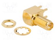 Connector: RP-SMA; socket; male,reverse; angled 90°; 50Ω; THT; PTFE AMPHENOL RF