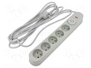 Plug socket strip: protective; Sockets: 5; 230VAC; 10A; grey; 5m PLASTROL
