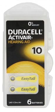 Zinc Air Battery DA10 (V10, PR70) for hearing aid 1.4V 90mAh Duracell 6pcs.