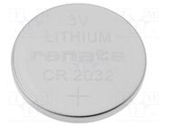 Battery: lithium; CR2032,coin; 3V; 225mAh; non-rechargeable RENATA