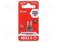 Screwdriver bit; hex key; HEX 2.5mm; Kind: impact; 2pcs. Milwaukee