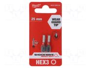 Screwdriver bit; hex key; HEX 3mm; Kind: impact; Overall len: 25mm Milwaukee
